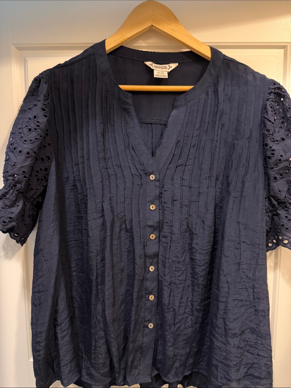 Navy Pintuck Button-Front Eyelet Sleeve Blouse